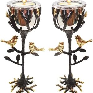 Yair Emanuel Tree of Life Candlestick Holders for Shabbat and Yom Tov | Unique Sculpted Design Gold Accent Birds