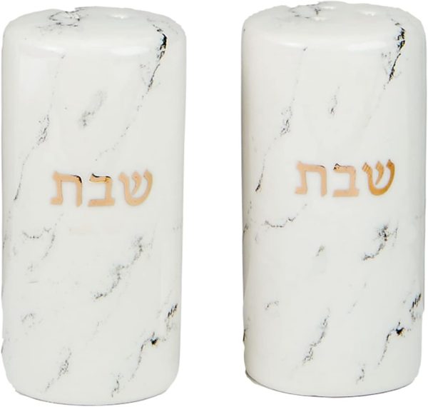 Rite Lite Shabbat Marble Salt & Pepper Ceramic Shakers Set of 2 With Gold Accents, Jewish Gifts, Shabbat Gifts, Shabbat Hostess Gifts, Shabbat Table Gifts,3.25" H