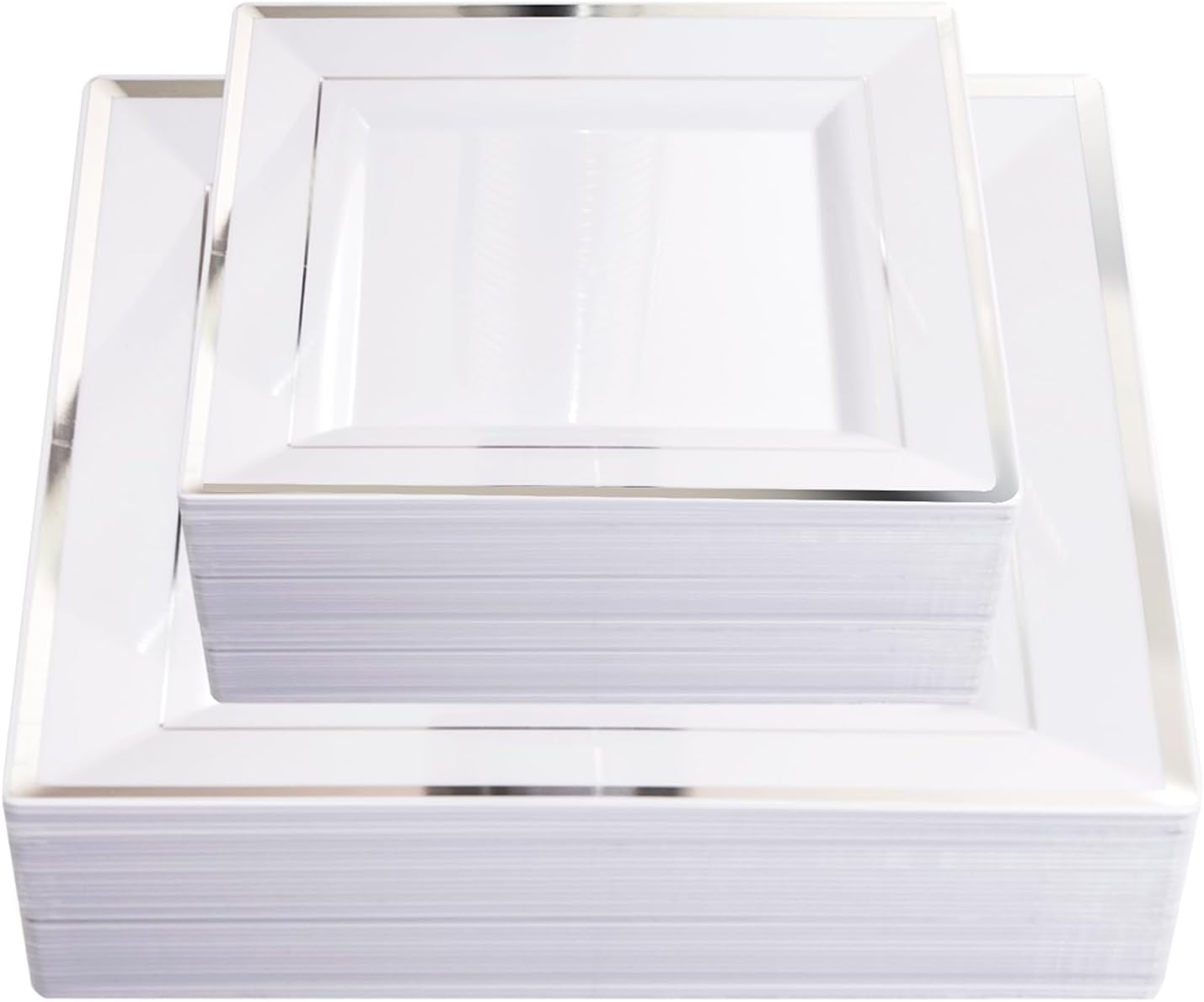 Liacere 100PCS White and Silver Square Plastic Plates - 50PCS Heavy Duty 9.5inch White Dinner Plates and 50PCS 6inch White Dessert Plates-Silver Disposable Plates for Party&Wedding&New Year