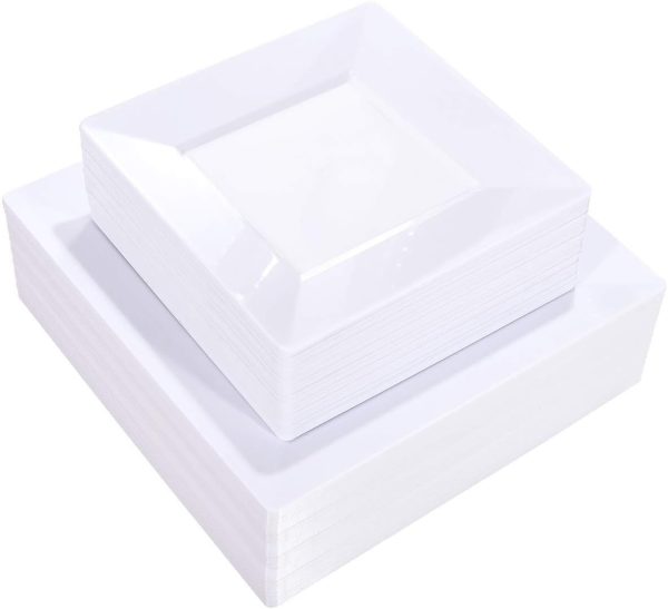 Liacere 60PCS White Square Plastic Plates - Heavy Duty 30 x 9.5inch White Dinner Plates and 30 x 7inch White Dessert Plates - Durable Fancy White Disposable Plates for Party & Wedding
