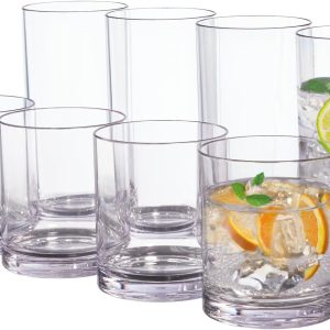 US Acrylic Classic Clear Plastic Reusable Drinking Glasses (Set of 8) 12oz Rocks & 16oz Water Cups | BPA-Free Tumblers, Made in USA | Top-Rack Dishwasher Safe
