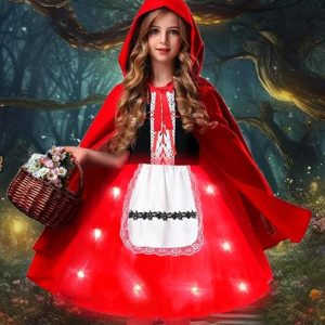 Little Red Riding Hood Costume for Girls LED Little Red Riding Hood Dress Halloween Costume Party Dress 5-12 Years