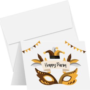 25 Happy Purim Greeting Cards, Traditional Purim Symbols Mask, Scroll, Religious Jewish Holiday Greetings Invitations, Thank You's, Announcements, Gifts and Presents – Envelopes Included – 4.25 x 5.5”