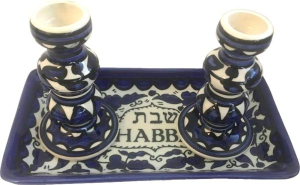 Holy Land Market Shabbat Candlestick Set - Colorful Ceramic Candlesticks with Matching Plate for Shabbat and Holidays (Blue)