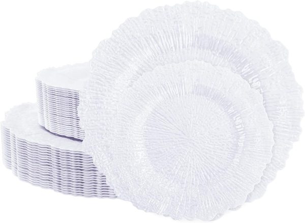 U-QE 60 Pieces White Plastic Plates for Party - Disposable & Reusable - Reef Disposable Plates - Premium Hard Plastic Plates for Wedding - Including 30 Dinner Plates 10 '' & 30 Dessert Plates 7 ''