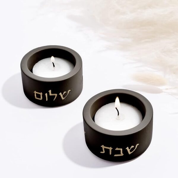 SURI Concrete Shabbat Candle Holders in Black | Jewish Judaica Gift Set with Modern Shabbat Candle Holders | Tall & Short, Ideal Shabbat Set for Tea Lights (Tealights not Included)