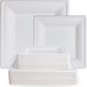 ECOLipak 120 Pack Compostable Paper Plates, 10 inch and 8 inch Heavy Duty Disposable Square Plates, Eco friendly Sugarcane Biodegradable Plates for Party Dinner Birthday
