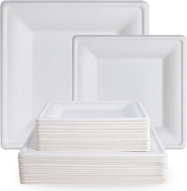 ECOLipak 120 Pack Compostable Paper Plates, 10 inch and 8 inch Heavy Duty Disposable Square Plates, Eco friendly Sugarcane Biodegradable Plates for Party Dinner Birthday