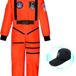 Astronaut Costume for Kids - Halloween Space Outfit with Jumpsuit and Cap Included（Orange）