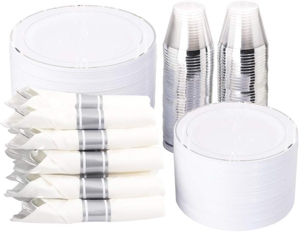 WELLIFE 350Pcs Silver Plastic Plates - Disposable Silverware, Include: 50 Dinner Plates 10.25”, 50 Dessert Plates 7.5”, 50 Silver Rim Cups 9 OZ, 50 Pre Rolled Napkins with Silver Silverware