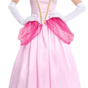 Princess Peach Costume Adult Puff Sleeve Long Dress+Glove +Crown 3Pcs Fairy Outfit Halloween Christmas Carnival Cosplay