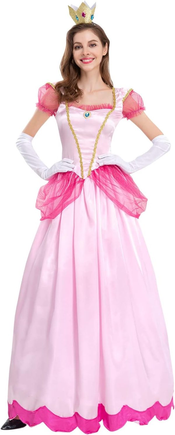 Princess Peach Costume Adult Puff Sleeve Long Dress+Glove +Crown 3Pcs Fairy Outfit Halloween Christmas Carnival Cosplay
