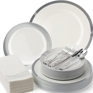 Heavyweight Elegant Disposable Dinnerware Set - Silver Fancy Plastic Dinnerware Sets with Plates, Cutlery, Napkins - Disposable Party Plates for Wedding, Holiday, Baby Shower - 175 Pcs (25 Guests)