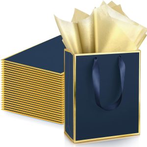 Yeaqee 24 Pack Metallic Paper Gift Bags with Handle and Tissue 9x7x3.1 Wedding Welcome Gift Bags Thank You Bags for Valentine's Day Bridal Shower Birthday Party Spring Party(Navy Blue, Gold)