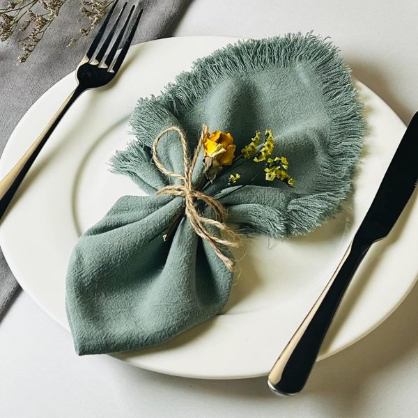 Handmade Cloth Napkins with Fringe,18 x 18 Inches Cotton Linen Napkins Set of 4 Versatile Handmade Square Rustic Fringe Napkins for Dinner, Wedding and Parties, Sage Green