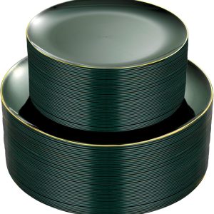PULOTE 100PCS Green Plastic Plates - Green Disposable Plates With Gold Rim - Green Plates Disposable Include 50PCS Dinner Plates 10.25inch,50PCS Dessert Plates for Party&Christmas