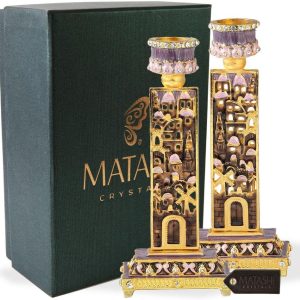 Matashi Shabbat Candlesticks Hand-Painted, Gold-Plated Pewter | Tall, Vintage Craftsmanship | Personal or Religious Use (Purple)