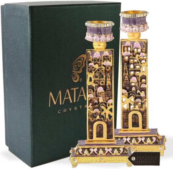 Matashi Shabbat Candlesticks Hand-Painted, Gold-Plated Pewter | Tall, Vintage Craftsmanship | Personal or Religious Use (Purple)