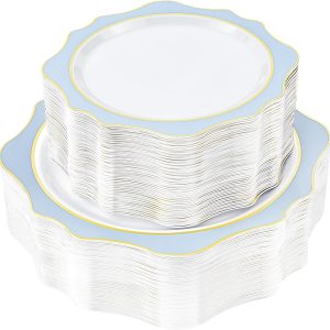 100 PCS White and Blue Disposable Plates for 50 Guests, Scalloped Plates Include 50 Dinner Plates and 50 Dessert Plates for Party, New Year