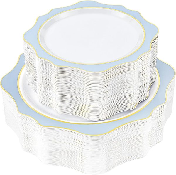 100 PCS White and Blue Disposable Plates for 50 Guests, Scalloped Plates Include 50 Dinner Plates and 50 Dessert Plates for Party, New Year