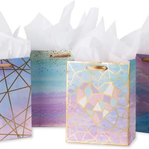 Loveinside Medium Size Gift Bags-Colorful Marble Pattern Gift Bag with Tissue Paper for Shopping, Parties, Wedding, Baby Shower, Craft-4 Pack-7" X 4" X 9"