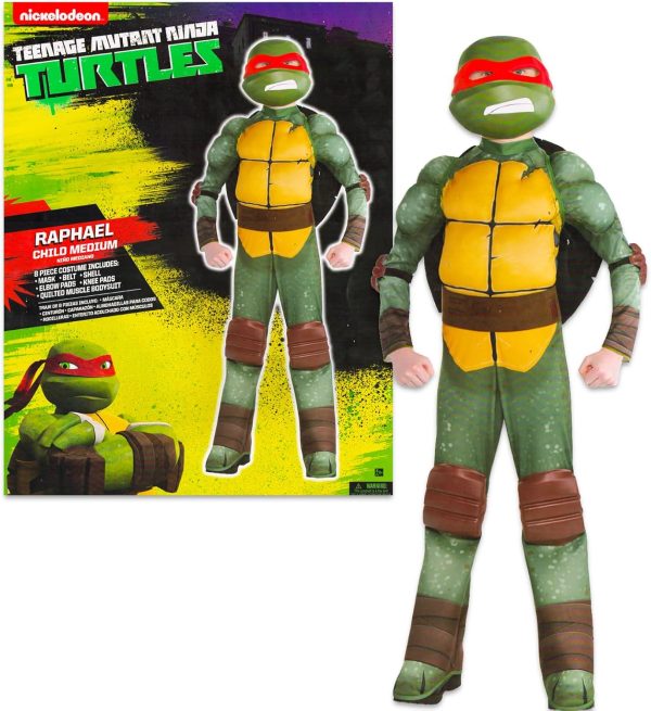Teenage Mutant Ninja Turtles Costumes for Boys - TMNT Halloween Costume for Kids with Muscle Bodysuit, Mask, Shell, More (Raphael, 8-10)