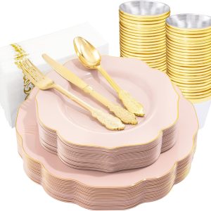 NOCCUR 175PCS Pink Plastic Plates - Pink Plates with Gold Disposable Silverware - Include 50 Plates,25 Knives,25 Forks,25 Spoons,25 Cups and 25 Napkins - Ideal for Wedding, Party&Shower
