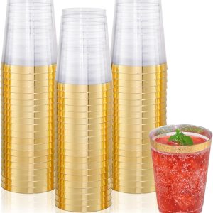 DaYammi 200 Pack Gold Plastic Cups 10 Oz Clear Plastic Cups Gold Rimmed Disposable Wine Glasses Fancy Disposable Party Cups Wedding Tumblers Drinking Cups Plastic Cocktail Glasses Gold Cups