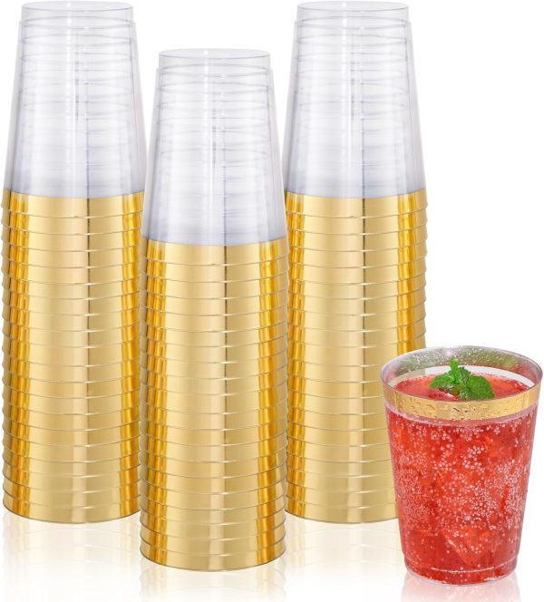 DaYammi 200 Pack Gold Plastic Cups 10 Oz Clear Plastic Cups Gold Rimmed Disposable Wine Glasses Fancy Disposable Party Cups Wedding Tumblers Drinking Cups Plastic Cocktail Glasses Gold Cups
