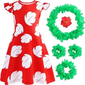 Hawaiian Little Girls Costume Dress with Luau Flower Leis Accessories Flower Hair Clip Toddler Halloween Party Cosplay Outfit