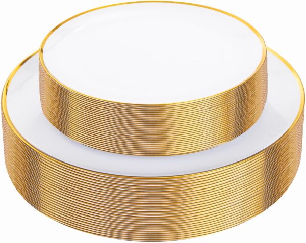 LIYH 60Pcs Gold Plastic Plates-Disposable Heavy Duty-White Plastic Plates Disposable Plates for Party/Weddings-Include 30Pcs Plastic Dinner Plates 10'' and 30Pcs White Plates 7.25'' Halloween Decor
