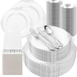 350PCS Silver Plastic Plates for 50 Guests, Disposable Dinnerware Set Includes 100 Silver Disposable Plates, 150 Silver Silverware, 50 Cups, 50 Napkins for Party & Wedding & New Year
