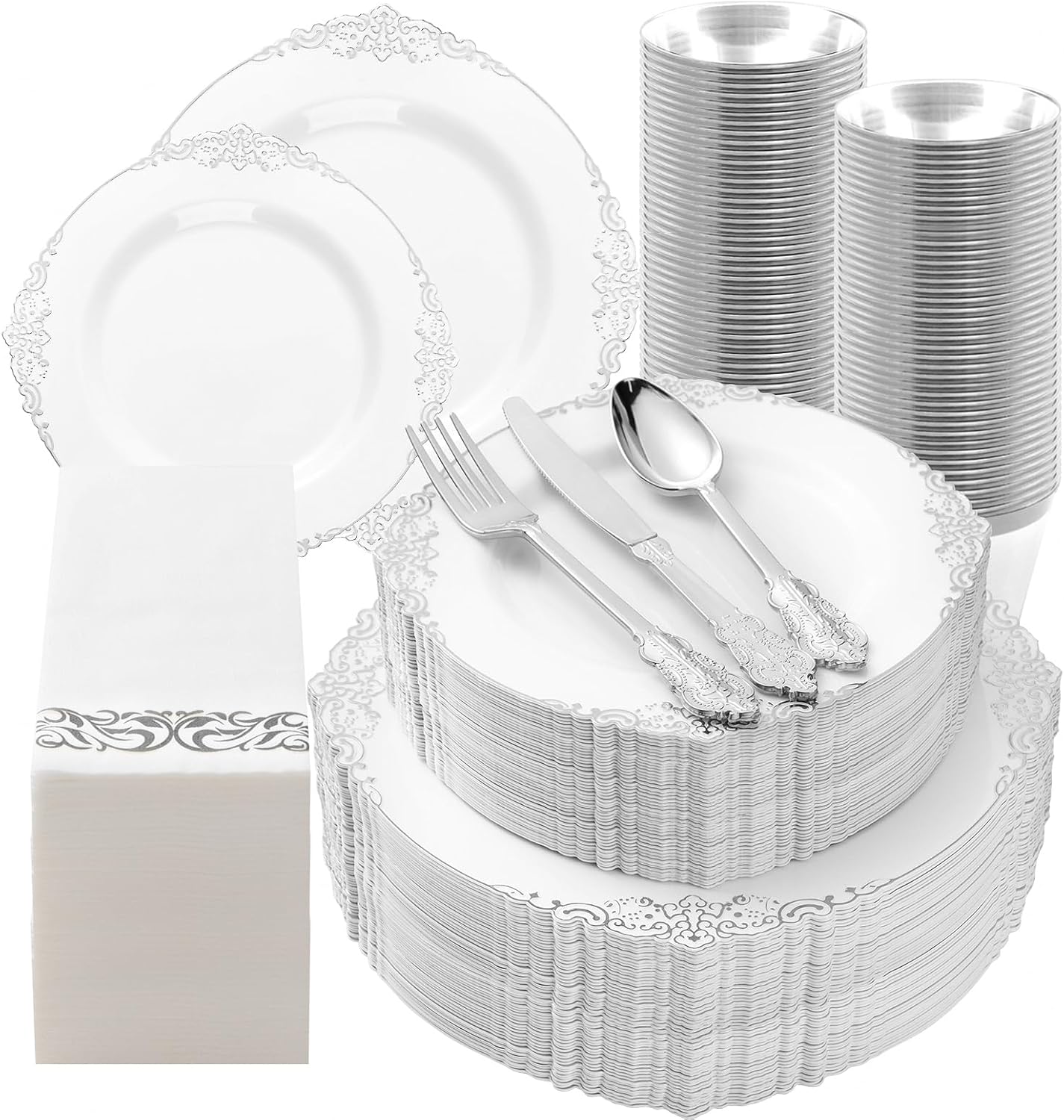 350PCS Silver Plastic Plates for 50 Guests, Disposable Dinnerware Set Includes 100 Silver Disposable Plates, 150 Silver Silverware, 50 Cups, 50 Napkins for Party & Wedding & New Year