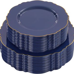 WDF 100pcs Blue Hanukkah Plastic Plates - Baroque Blue&Gold Disposable Plates for Upscale Parties&Wedding-50Plastic Dinner Plates 10.25in, 50Salad Plates 7.5in