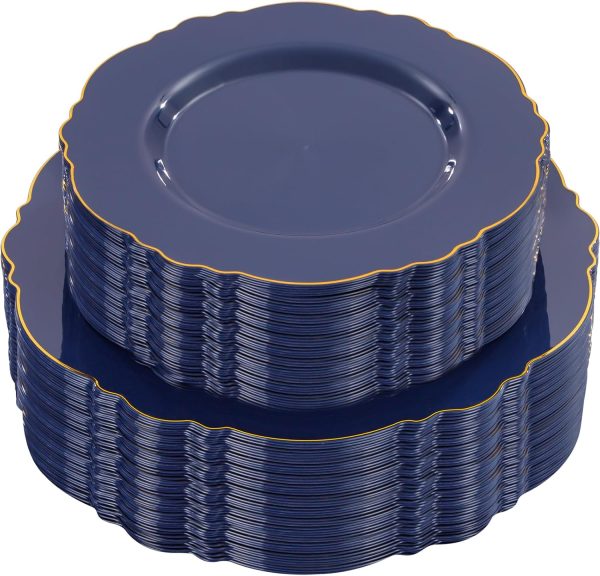 WDF 100pcs Blue Hanukkah Plastic Plates - Baroque Blue&Gold Disposable Plates for Upscale Parties&Wedding-50Plastic Dinner Plates 10.25in, 50Salad Plates 7.5in