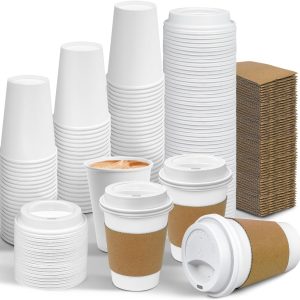 Ginkgo 100 Pack 12 oz Leak-Proof Coffee Cups with Lids and Sleeves Disposable Paper To Go Hot Travel Coffee Cups, Hot Chocolate, Cocoa, Coffee Bar Supplies