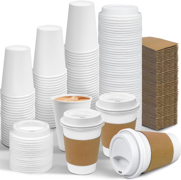 Ginkgo 100 Pack 12 oz Leak-Proof Coffee Cups with Lids and Sleeves Disposable Paper To Go Hot Travel Coffee Cups, Hot Chocolate, Cocoa, Coffee Bar Supplies