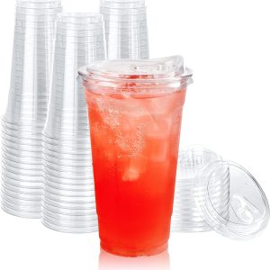 Lilymicky [60 PACK] 24 oz Clear Plastic Cups With Strawless Sip Through Lids, Disposable, for Ice Coffee, Smoothie, Slurpee, or Any Cold Drinks