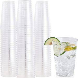 FOCUSLINE 100 Pack Clear Plastic Cups 12 oz Disposable Cups Heavy Duty Plastic Tumblers, Reusable Clear Hard Plastic Cups Tumblers for Wedding, Thanksgiving, Halloween, Christmas Party