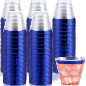 DaYammi 120Pcs 9 Oz Blue Plastic Cups Disposable Clear Plastic Party Cups with Blue Rim Heavy Duty Disposable Wine Glasses Fancy Hard Drinking Tumblers Plastic Cocktail Cups for Wedding Party