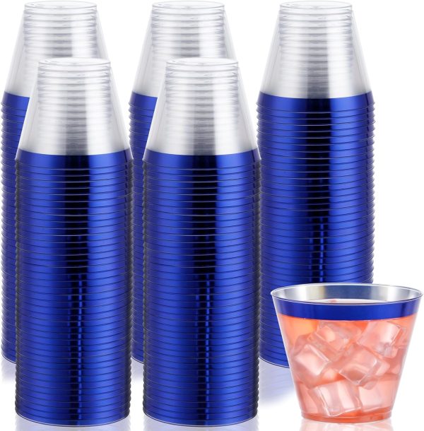 DaYammi 120Pcs 9 Oz Blue Plastic Cups Disposable Clear Plastic Party Cups with Blue Rim Heavy Duty Disposable Wine Glasses Fancy Hard Drinking Tumblers Plastic Cocktail Cups for Wedding Party