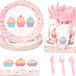Juvale 144 Pieces Cupcake Party Supplies, Paper Plates, Napkins, Cups and Plastic Cutlery (Serves 24)