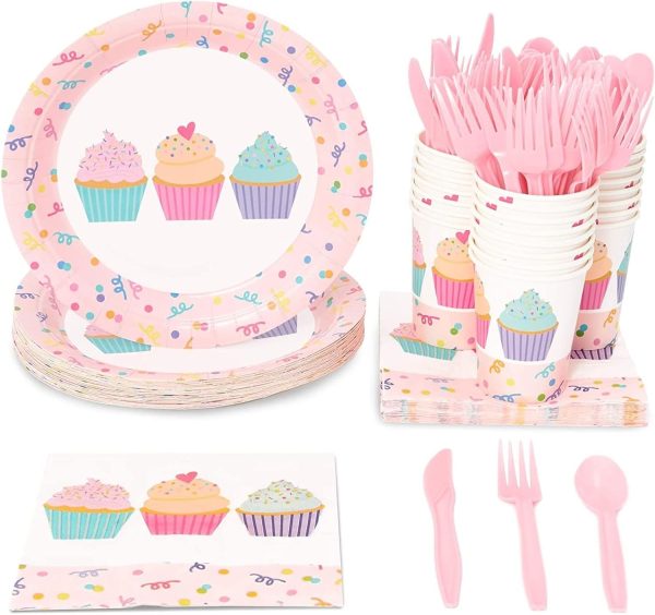 Juvale 144 Pieces Cupcake Party Supplies, Paper Plates, Napkins, Cups and Plastic Cutlery (Serves 24)