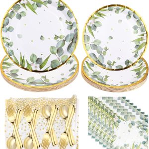 126PCS Sage Green Party Supplies Greenery Paper Plates Napkins Cutleries Kit, Spring Eucalyptus Green Leaves Disposable Dinnerware Decor for Wedding Birthday Baby Shower