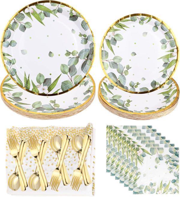 126PCS Sage Green Party Supplies Greenery Paper Plates Napkins Cutleries Kit, Spring Eucalyptus Green Leaves Disposable Dinnerware Decor for Wedding Birthday Baby Shower
