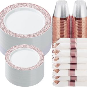 Goodluck 350 Piece Rose Gold Plastic Dinnerware Set for 50 Guests, Disposable Lace Plates for Party, Include: 50 Rose Gold Party Plates, 50 Dessert Plates, 50 Pre Napkins with Silverware, 50 Cups
