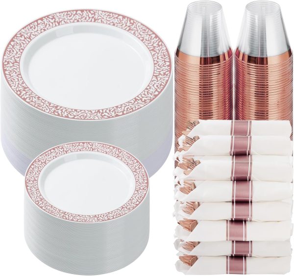 Goodluck 350 Piece Rose Gold Plastic Dinnerware Set for 50 Guests, Disposable Lace Plates for Party, Include: 50 Rose Gold Party Plates, 50 Dessert Plates, 50 Pre Napkins with Silverware, 50 Cups