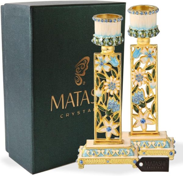 Hand-Painted Blue Flower Shabbat Candlestick (2-Piece Set)