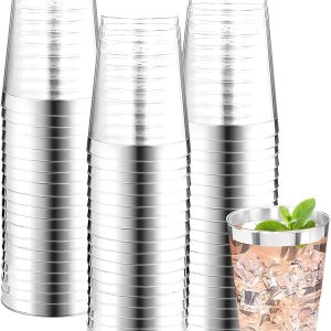 DaYammi 200 Pack Silver Plastic Cups 10 Oz Clear Plastic Cups Silver Rimmed Disposable Wine Glasses Fancy Disposable Party Cups Wedding Tumblers Drinking Cups Plastic Cocktail Glasses Silver Cups