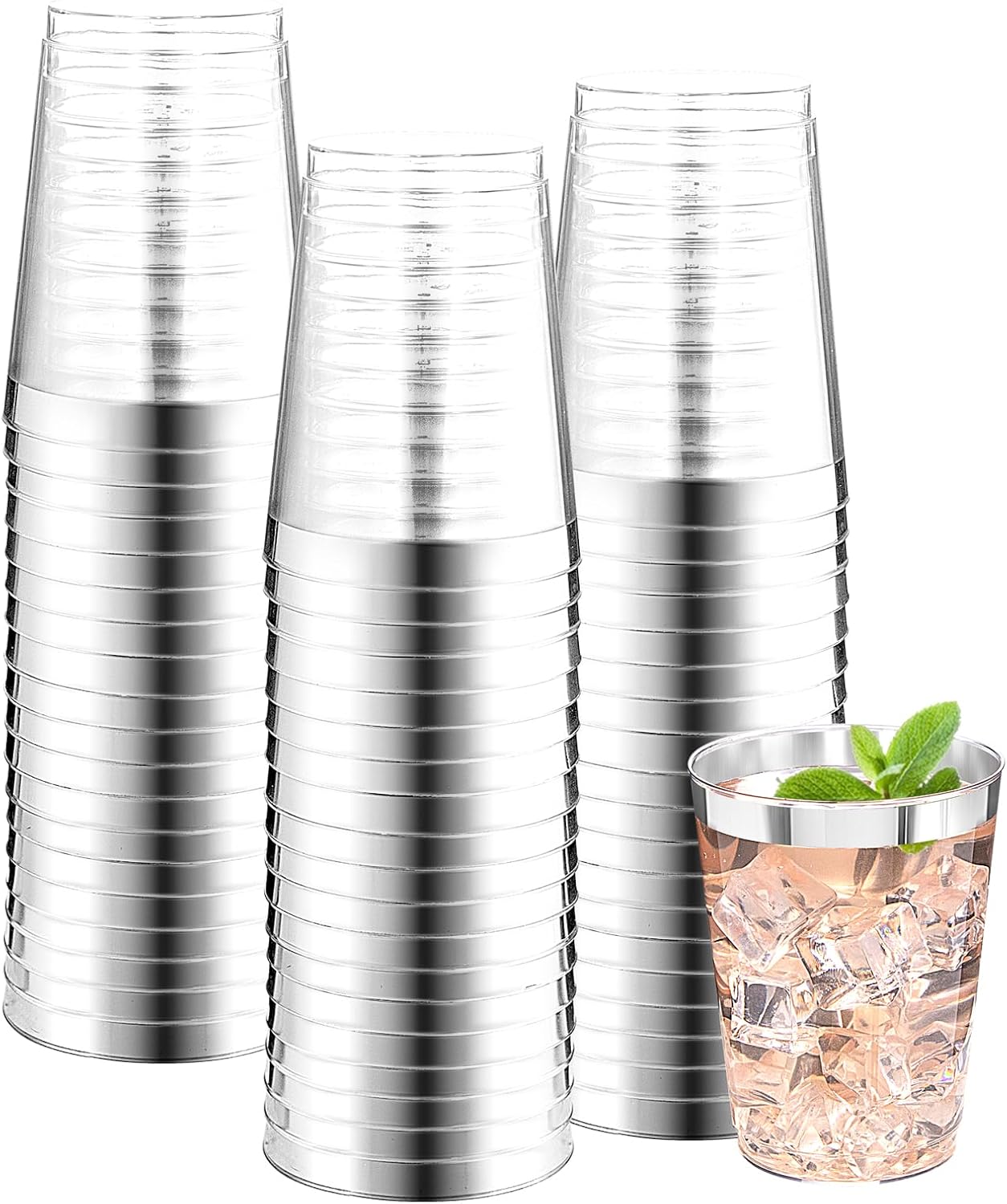 DaYammi 200 Pack Silver Plastic Cups 10 Oz Clear Plastic Cups Silver Rimmed Disposable Wine Glasses Fancy Disposable Party Cups Wedding Tumblers Drinking Cups Plastic Cocktail Glasses Silver Cups